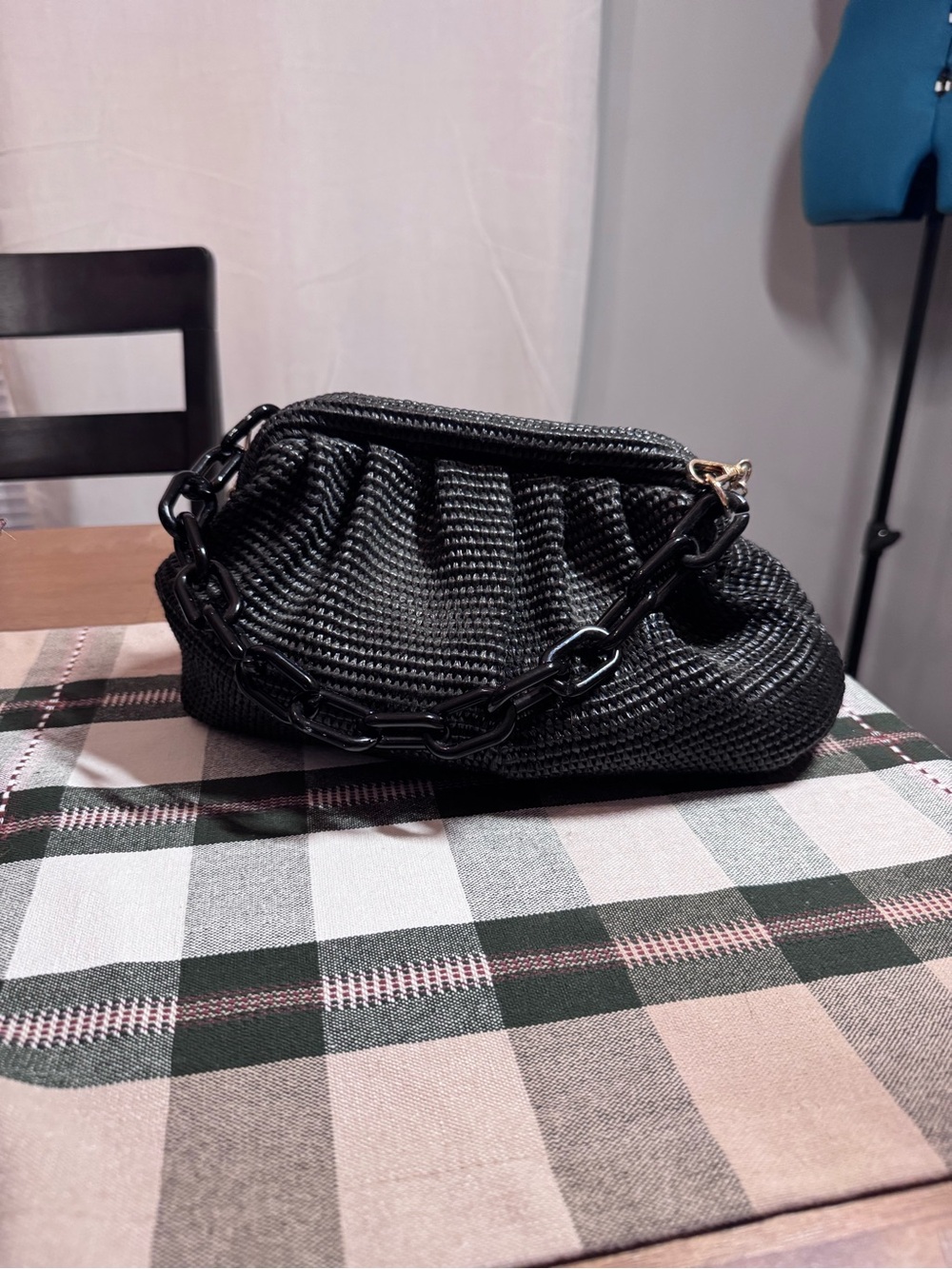 Black Woven Chain-Handle Women's Purse with Optional Crossbody Strap